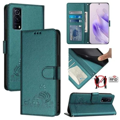 Para Vivo Y72 5G / Iqoo Z3 / Y52 5G Cat Rat Estuche para Teléfono de Cuero Rfid con Patrón En Relieve y Cordón (Verde Pavo Real)