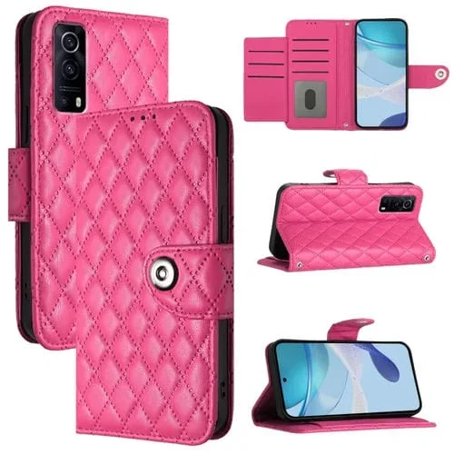 Para Vivo Y72 5G / Iqoo Z3 / Y52 5G Funda para Teléfono con Tapa de Cuero con Textura Rómbica y Cordón (Rojo Rosa)