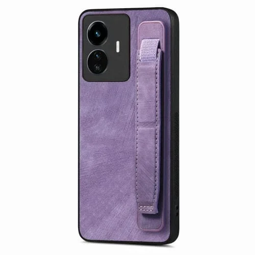 Para Vivo Y77 5G Funda Trasera de Cuero con Soporte para Pulsera Retro (Púrpura)