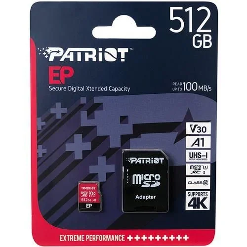 Patriot Memory Tarjeta de Memoria MicroSDXC EP Series A1 V30 512 GB hasta 90MB/Sec PEF512GEP31MCX