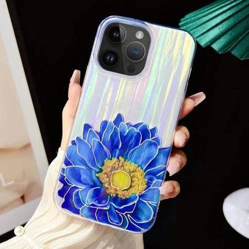 Película para iPhone 13 Pro + Funda PC con TPU Color Galvanizada (Flores Azules)