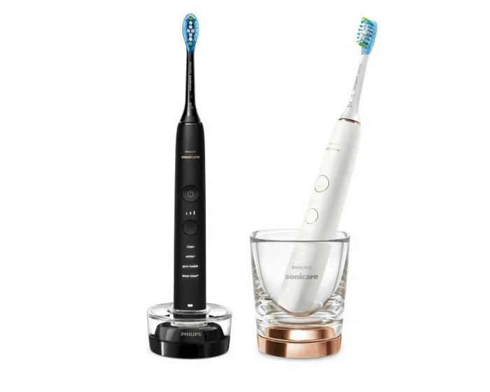 Philips Sonicare DiamondClean 9000 cepillo dental eléctrico, cepillo dental sónico con aplicación, sensor de presión, 4 modos de cepillado, vaso de carga, negro y oro rosa, pack doble, HX9914/57