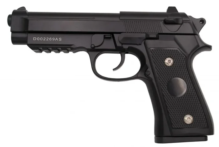 Pistola de muelle Tipo Beretta 92F – Color Negra – Pistola de Muelle Calibre 6 mm. Pistola con Aleación de metal y zinc – Energía 0,29 Julios – Velocidad de disparo 70 m/s – 230 FPS.