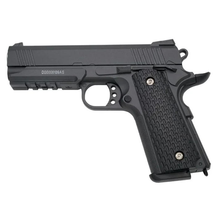 Pistola Galaxy G25 Tipo Colt 1911 Warrior – Negra – Pistola Muelle Calibre 6 mm Aleación de metal y zinc – Energía 0.29 Julios – Velocidad de disparo 77m/s – 253 FPS. Ref:G25