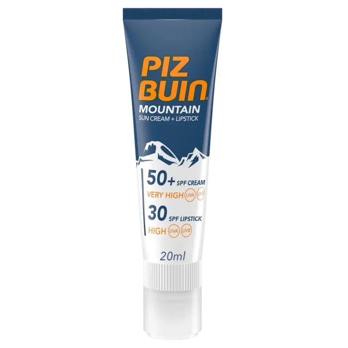 Piz Buin Mountain Sun Cream 50 SPF + Lipstick 30 SPF (20 ml), producto 2 en 1 con protección solar para deportes de alta montaña, protector solar facial 50 y protector labial 30