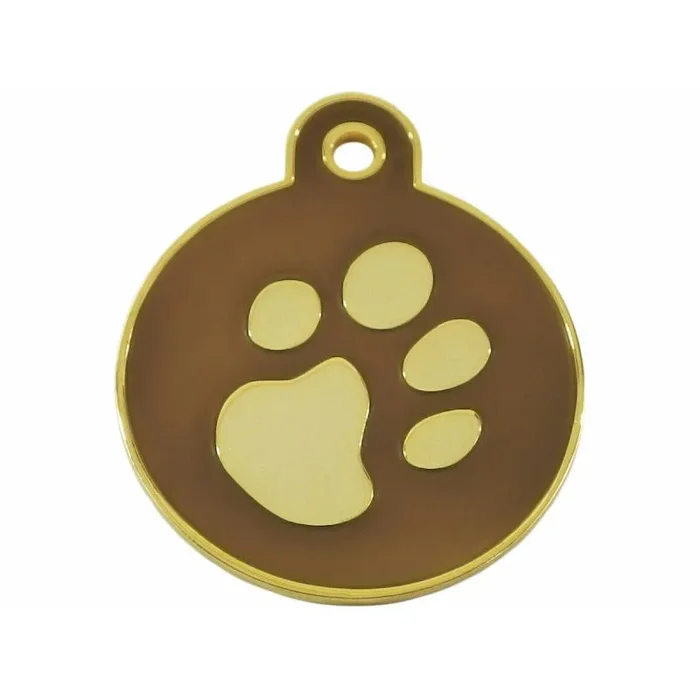 Placa de disco grande marrón con diseño impreso de pata dorada. Grabada con nombre de perro / mascota. A la moda y muy elegante. Por favor envíe un mensaje con los detalles del grabado cuando compre
