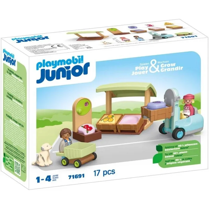 PLAYMOBIL Junior 71691 Puesto ecológico y Carretilla elevadora, Incluye Carrito de Compras y Cajas, Juguete sostenible Hecho de plásticos a Base de Plantas, Juguetes para niños a Partir de 1 año
