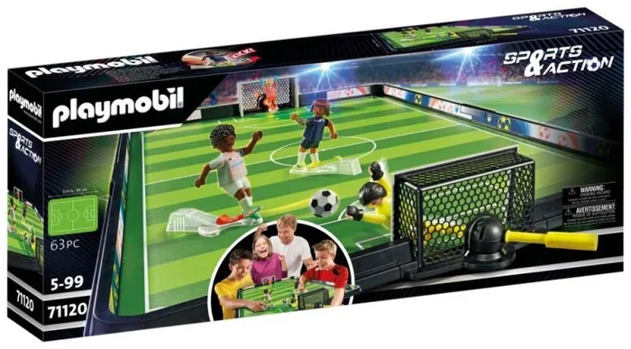 PLAYMOBIL Sports y Action 71120 Campo de fútbol, Futbolín para niños, 2 porteros, 2 futbolistas con función de Patada, 3 balones de futbolín, Juguetes para niños a Partir de 5 años