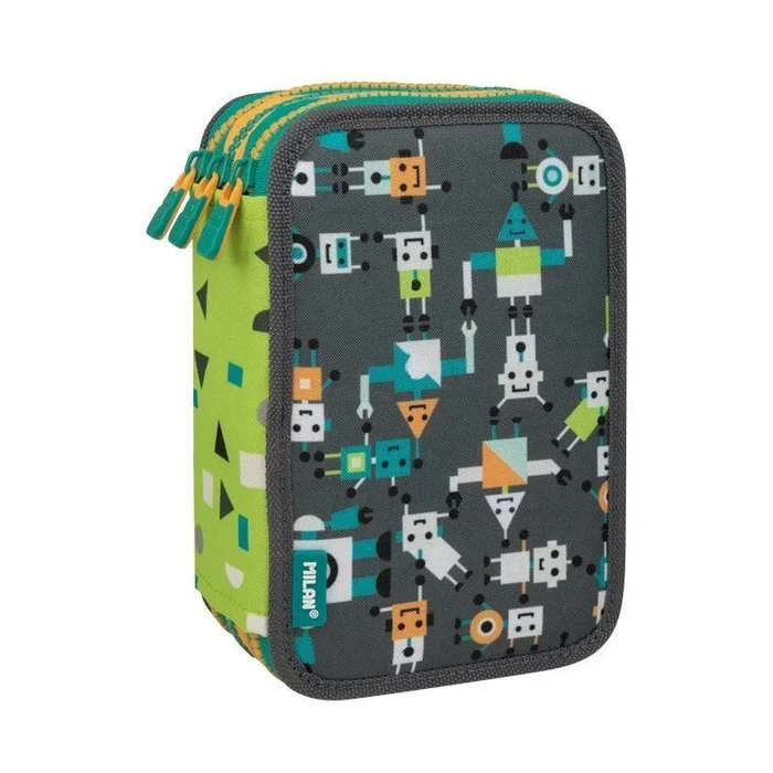 Plumier tres pisos con contenido milán happy bots gris – goma – sacapuntas – lápiz – 3 bolis – tijeras – 5 marcadores – 10 plastipast – 12 lápices col
