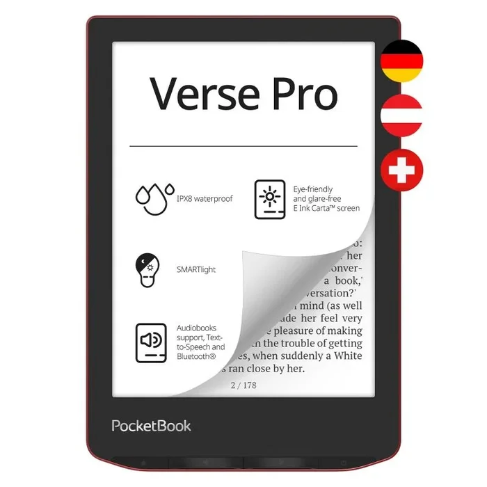 PocketBook Lector de Libros electrónicos Verse Pro, 16 GB de Memoria, IPX8, Bluetooth, Pantalla E-Ink Carta de 15,2 cm (6 Pulgadas), Color Rojo
