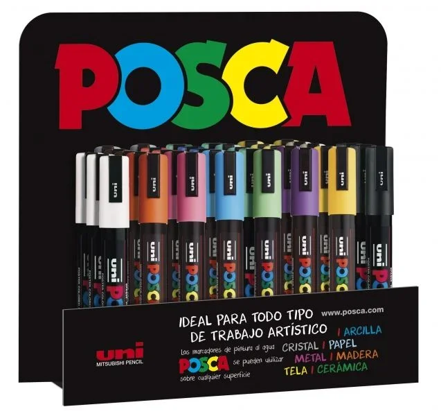 Posca pc-5m expositor de 36 marcadores de pintura – punta de bala 1.8-2.5mm – tinta base al agua – no permanente – resistente a la luz – colores surtidos