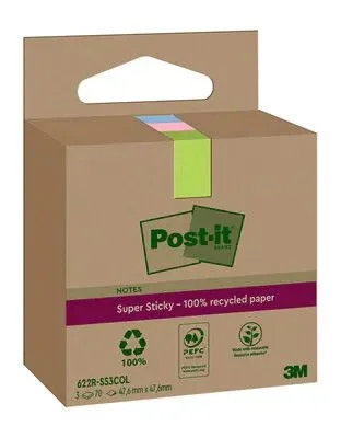 Post-it Super Sticky Notas Recicladas, 3 Blocs, 70 Hojas por Bloc, 47.6 mm x 47.6 mm, Rosa, Verde, Azul – Notas Extra Adhesivas Fabricadas con Papel 100% Reciclado
