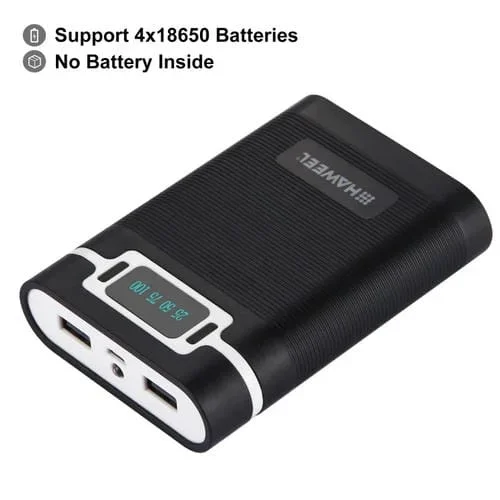 Power Bank Haweel Diy 4 x 18650 Batería No Incluida 10000mAh Con 2 Salidas USB y Pantalla (Negro)