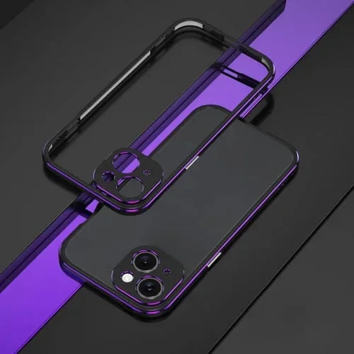 Protector de Lente + Estuche para Teléfono iPhone 15 Plus Serie Aurora con Marco de Metal (Negro Púrpura)