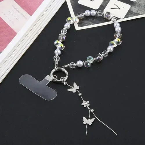 Pulsera de Aleación con Cuentas de Mariposa y Cordón Corto Antipérdida para Teléfono (Morado)