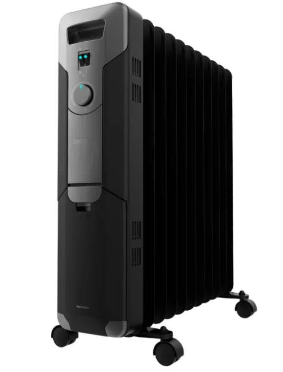 Radiador de aceite de 11 módulos y 2500 W con 3 niveles de potencia, cobertura de 25 m², recogecables, control sencillo, asa, ruedas y doble sistema de seguridad.