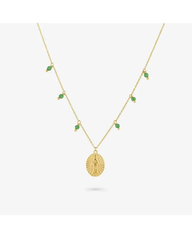 Radiant – Colección Madonna – Collar Gold piedras verdes para Mujeres, de Plata bañado en Oro de 24 quilates. Con motivo de la Virgen. Diseño elegante y sofisticado.