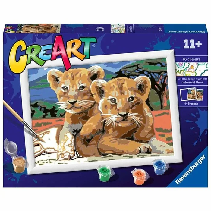 Ravensburger – Creart D: Cachorros de Leon | Pintar por Numeros Niños | Kit Manualidades Niños 11 Años | Kit Pintura Niños Completo | Regalo Niña 11 Años | Incluye Marco 24x18cm