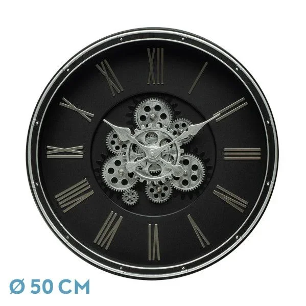 Reloj de pared CACIN negro plata 50x50x6 cm engranajes con movimiento