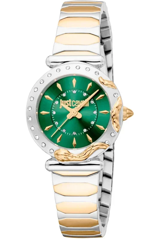 Reloj de pulsera Just Cavalli Just Cavalli Animalier Stella Snake – JC1L363M0075 correa color: Oro amarillo Gris plata Dial Verde botella Mujer