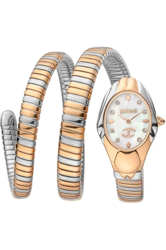 Reloj de pulsera Just Cavalli Signature Snake Emozioni – JC1L184M0045 correa color: Gris plata Oro rosa Dial Mother of Pearl Nácar Blanco antiguo Mujer