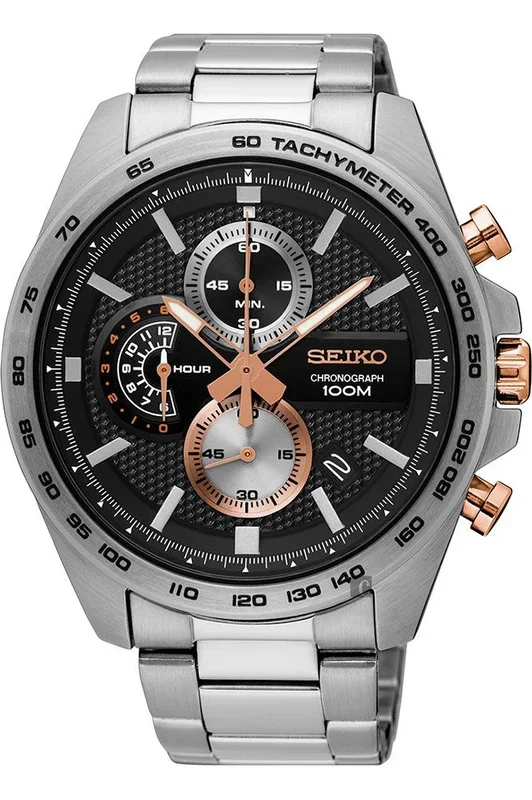Reloj para Hombre Seiko, Modelo SSB281P1. Reloj de Acero Inoxidable, correa de color Metálico y Dial en color Negro. Reloj Cronógrafo para Hombre. WR 100 mt.