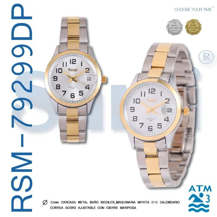 Reloj sami sra 12 nos fecha 3atm bicolor ipg correa acero
