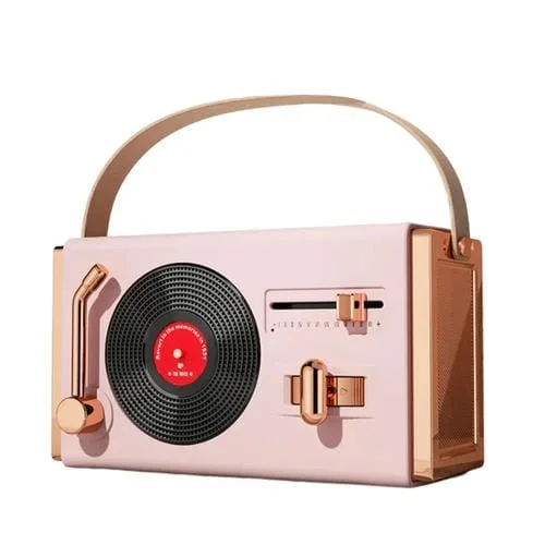 Reproductor de Discos de Vinilo C220 Multifuncional Altavoz Portátil Mini Audio Retro (Rosa Cereza)