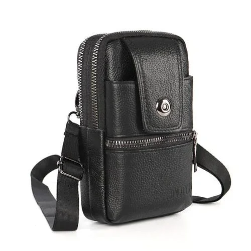 Riñonera de Cuero Kunqitian para Teléfono Móvil con Correa para Hombro Tamaño S (Negro)