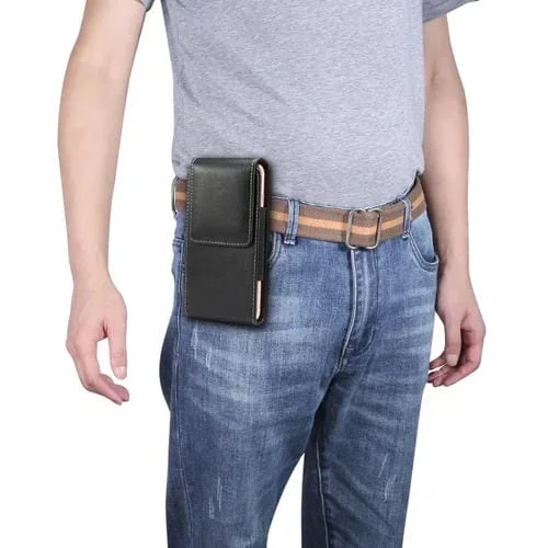 Riñonera Estuche de Cuero Hombres Piel de Cordero Multifuncional Universal para Teléfono Móvil 6.3 Pulgadas o Menos (Negro)