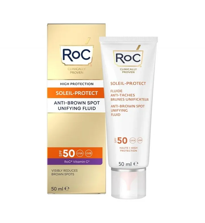 RoC – Soleil-Protect Fluido Unificador Anti Mancha Marrón SPF 50 – Crema Hidratante Facial con Vitamina C – Reduce las Manchas Marrones – 50 ml