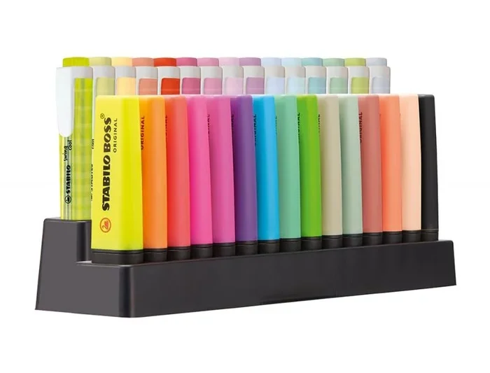 Rotulador subrayador marcador stabilo fluorescente set de mesa 15 unidades boss 70 + 15 unidades swing cool colores surtidos.
