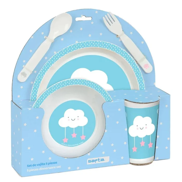 Safta PREESCOLAR NUBE – Set de Platos y Cubiertos, Pack, Plato, Cubierto, Bebé, Iniciación, Comida, Cómodo y Versátil, 26x9x26 cm, Color Azul Pastel