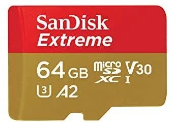 SanDisk Extreme 64 GB microSDXC Memory Card + SD Adapter with A2 App Performance + Rescue Pro Deluxe, Up to 160 MB/s, Class 10, UHS-I, U3, V30, Red/Gold