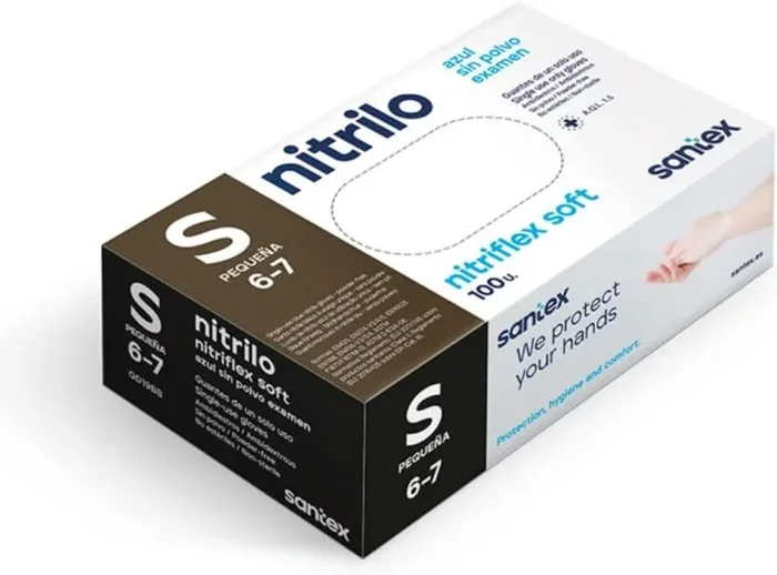Santex nitriflex soft pack de 100 guantes de nitrilo talla s aql 1.5 – 3 gramos – sin polvo – libre de latex – no esteriles – color azul