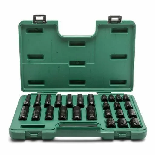 SATA ST34399T Juego de llaves vasos de impacto de pared delgada estándar y profunda de 26 piezas con disco de 1/2 «, tamaños métricos, con cuerpo de cromo molibdeno