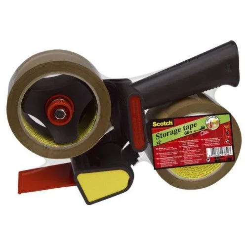 Scotch Cinta de Embalaje de Alta Resistencia Marrón – 2 Rollos de 50 mm x 66 m + 1 Dispensador con Mango – Cinta Adhesiva de Calidad para Cerrar Cajas, Cartones y Paquetes