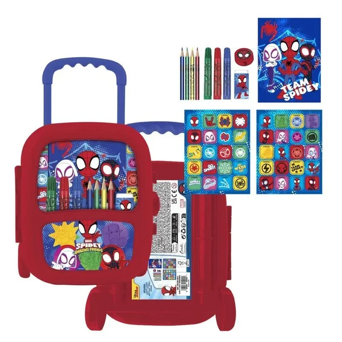 Set Papelería Coloreable Trolley Spidey – Kit Escolar Infantil con Ruedas y Accesorios de Spidey y sus Amigos | Incluye Stickers, Colores y Actividades
