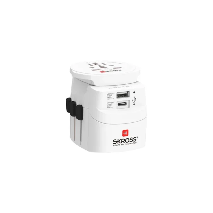 SKROSS 1.302472 Pro Light USB (AC) World Adaptador de Viaje Universal + USB C 3.0 A y USB A 2.4 A. Voltaje y Potencia: 100V, 700W / 250V, 1750W. Protección contra Descargas Eléctricas