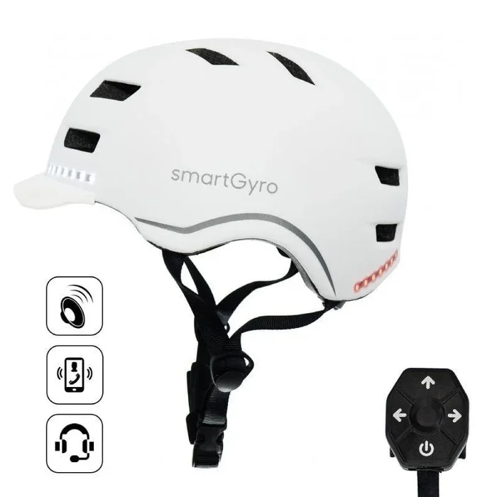 smartGyro Casco Inteligente Smart Helmet PRO con luz de Frenado Automática, Intermitentes, Altavoces, Bluetooth, Tamaño M, EPS + PC, Batería, Visera Delantera, Leds Delanteros y Traseros, Color Blanco