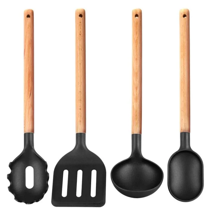 Smile SAK-3 Set de 4 Utensilios de Cocina, Madera Nylon, Resistente a Altas Temperaturas hasta 210˚C, Seguros e Inofensivos para la Salud, No Rayan Superficies Antiadherentes