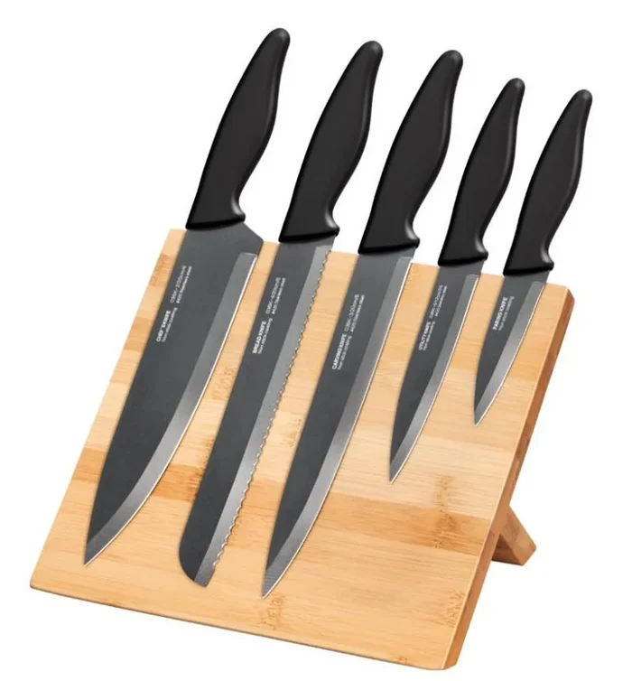Smile SNS-4 Tacoma Juego de 5 cuchillos de cocina de acero inoxidable con recubrimiento antiadherente, bloque madera magnético plegable linea moderna