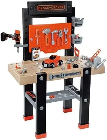 Smoby- Black & Decker Bricolo Center, Taller Banco de Trabajo de Juguete, 92 Accesorios, Taladro mecánico, Función de Clavo Sube-Baja (7600360727)