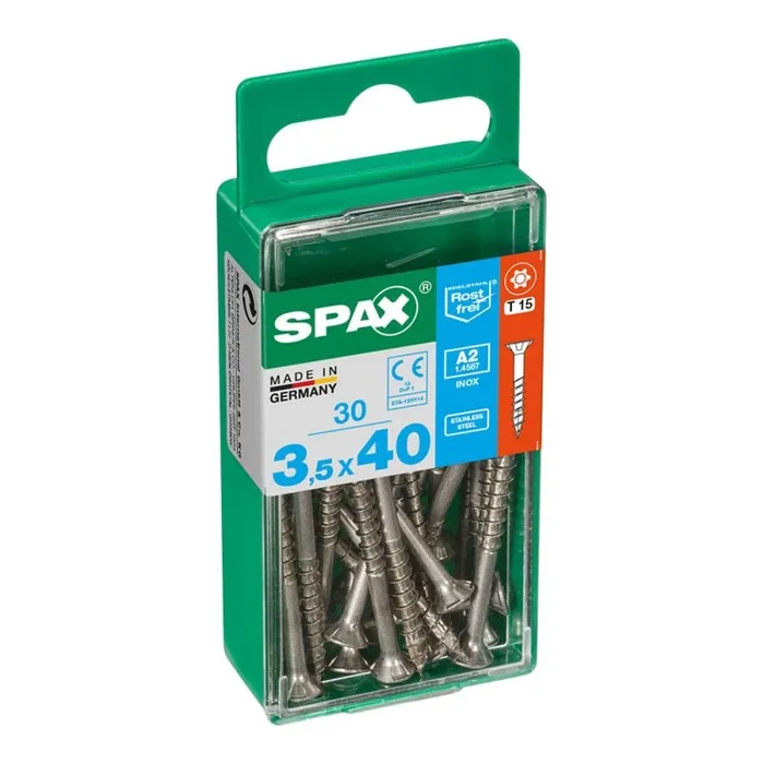 SPAX 18315 Caja 30 uds. Tornillo Madera Cab. Plana INOX A2 3,5x40mm, Multicolor