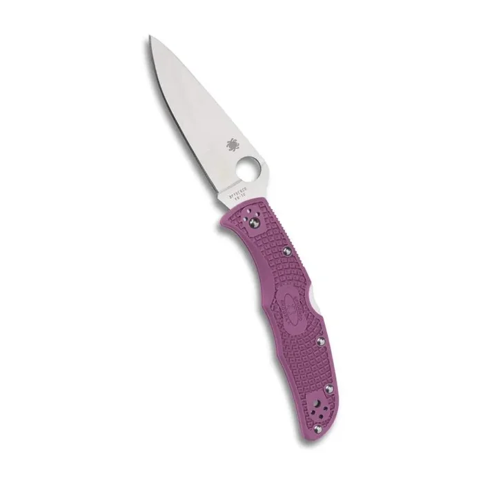 Spyderco STE-C10FPPR Navaja de Bolsillo Endura 4 Lightweight de hoja lisa Drop point de Acero VG-10 acabado satinado de 9,7 cm de largo con mango FRN de color púrpura. Clip de bolsillo ambidiestro