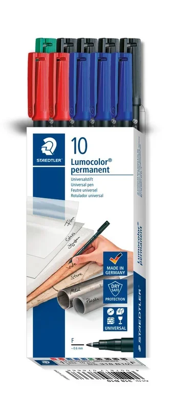 STAEDTLER Lumocolor Permanente 318, resistente al agua, se seca en segundos, punta F de 0,6 mm, fabricado en Alemania Caja cartón con 10 rotuladores en 4 colores, 318 B10