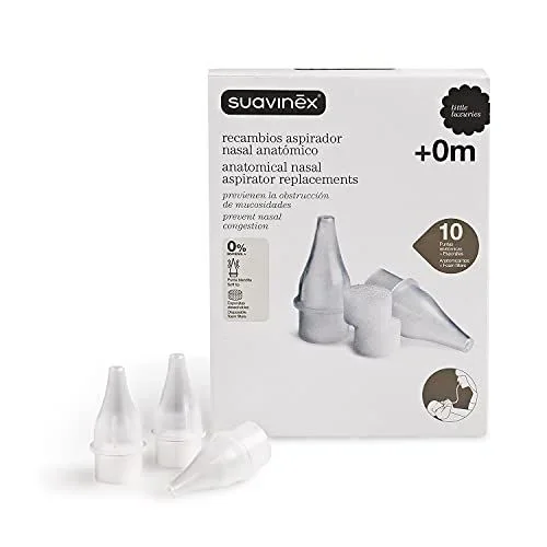 Suavinex, Pack de 10 Recambios para Aspirador Nasal de Bebé, para Aspirador Anatómico con Tubo Flexible. Incluye 10 Puntas Blanditas + 10 Esponjitas Desechables, Lavado Nasal Seguro y Cómodo