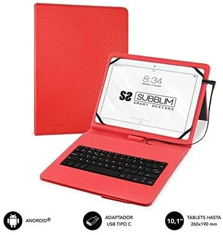 SUBBLIM Funda para Tablet con Teclado Micro USB a USB C Keytab Pro USB 9.6″a 11″ Rojo Adaptador USB Tipo C Cierre Magnético Exclusivo Sistema De Sujeción