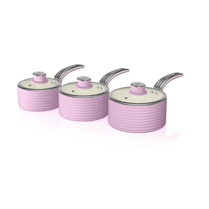 Swan Retro SWPS5020PN Batería Cocina Inducción 5 Piezas, 3 Cazos + 2 Sartenes, Aluminio Prensado, Antiadherente Cerámica sin PFOA y PTFE, Tapas Vidrio, Apta para Todas Las Cocinas, Vintage, Rosa
