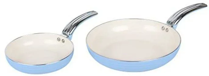 Swan SWPS2010BLN Retro Set Juego 2 Sartenes 20-28cm 3mm, Inducción, Antiadherente Cerámica Marfil Libre PFOA y PTFE, Apta para Todas Las Cocinas, Diseño Vintage, Azul, Aluminio Prensado